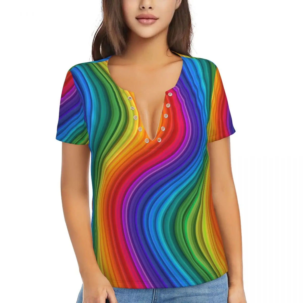 

Женская футболка, Пляжная Радужная волнистая футболка с блестящими завитками Y2K, футболки, пикантная уличная одежда с коротким рукавом и V-образным вырезом, одежда оверсайз