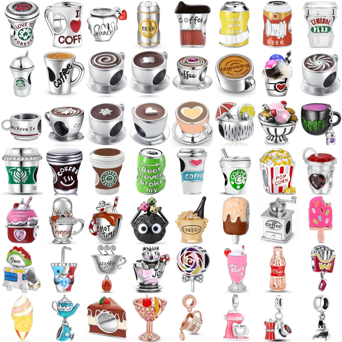 925 Sterling Silver Food Drink Charm Coffee Cup Beer Can Latte Popcorn Ice Cream Cake Lollipop Wine DIY Jewelry Gift