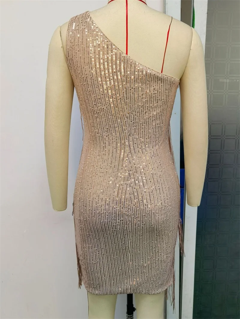 Vestido de baile de lantejoulas feminino com borlas, saia de quadril, sem mangas, ombro único, champanhe, novo design, em estoque