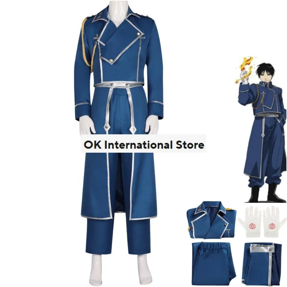 Anime Fullmetal Alchemist Roy Mustang Edward Elric Cosplay Costume Blue Military Coat Uniform Full Set Man Carnival Suit