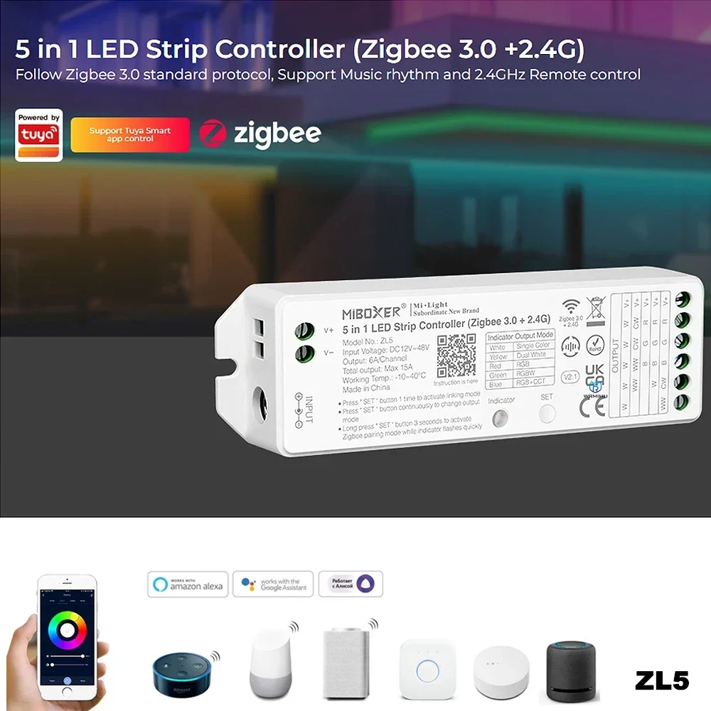 

Miboxer Zigbee 3.0+2.4G Single Color Dual White RGB RGBW RGBCCT 5 in 1 LED Strip Controller ZL5 DC 12V 24V 2.4G WiFi APP Voice