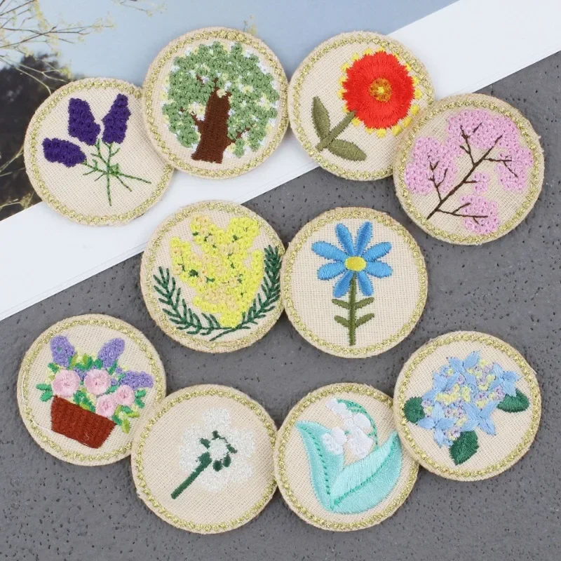 Cotton and Linen Embroidery Sticker Flower Round Gold Silk Embroidery Micro Chapter Cartoon Rose Flower Basket Patch