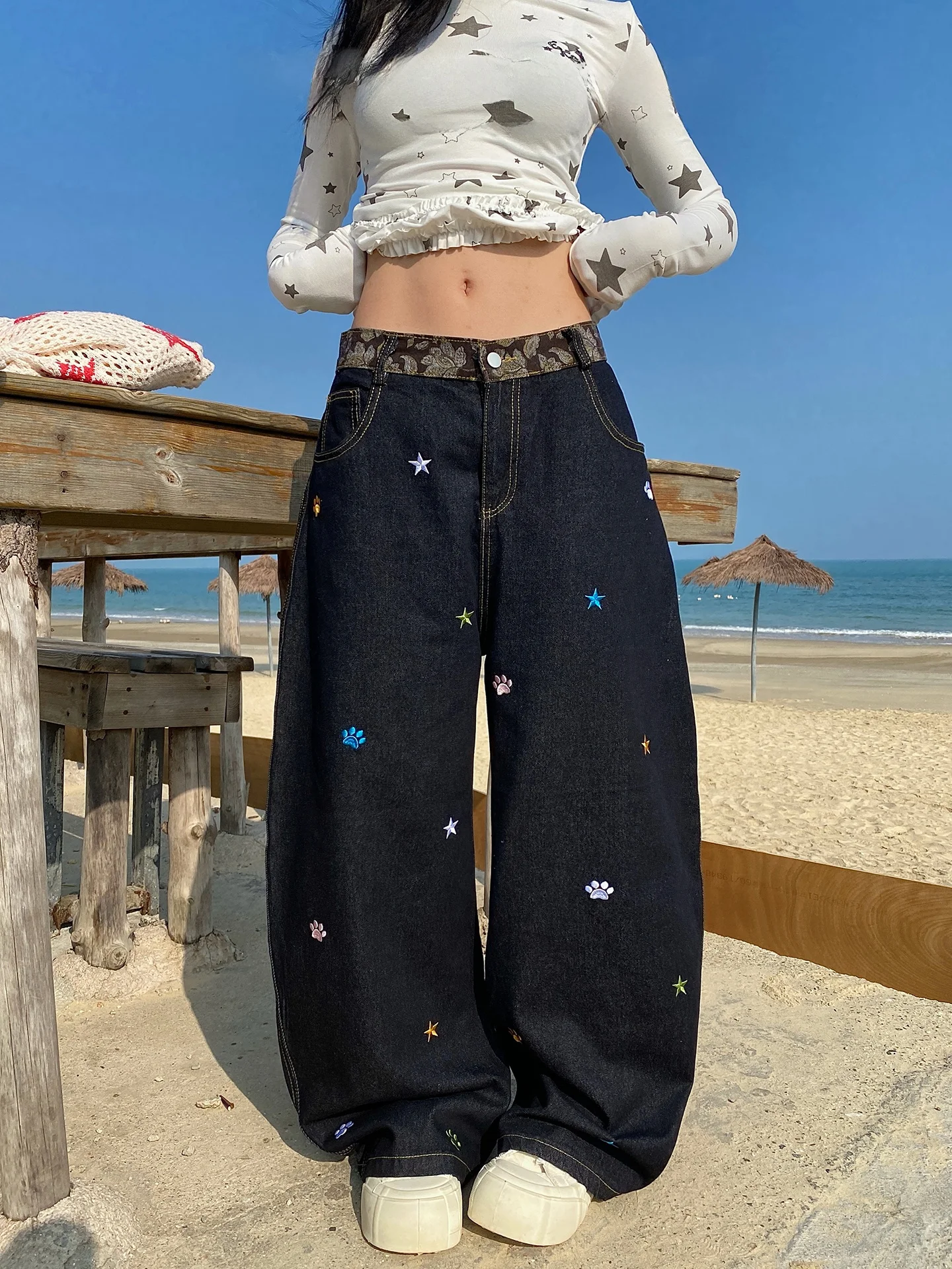 

Американские ретро-джинсы с вышивкой и декоративными вставками, широкие прямые брюки из денима, дышащие повседневные хлопковые штаны