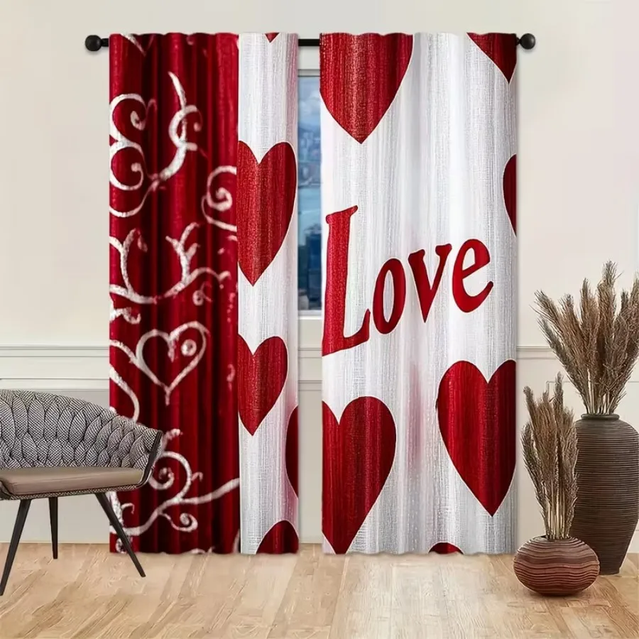 2 PCS Heart Love Letter Curtains, Romantic Style Window Drapes for Living Room Bedroom Home Decor Polyester Rod Pocket