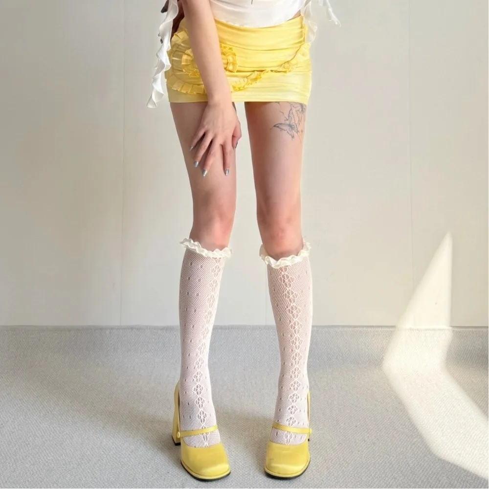Sexy Solid Color Women's Stockings Hollow out Lace Pile Calf Socks Korean Thin Knee Highs Socks Girl