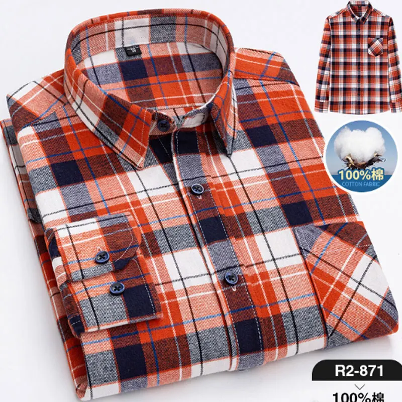 6XL Autumn/Winter 100% cotton Men\'s Long Sleeve Shirt Flannel Plaid Business Casual no-iron Plus size slim-fit Social