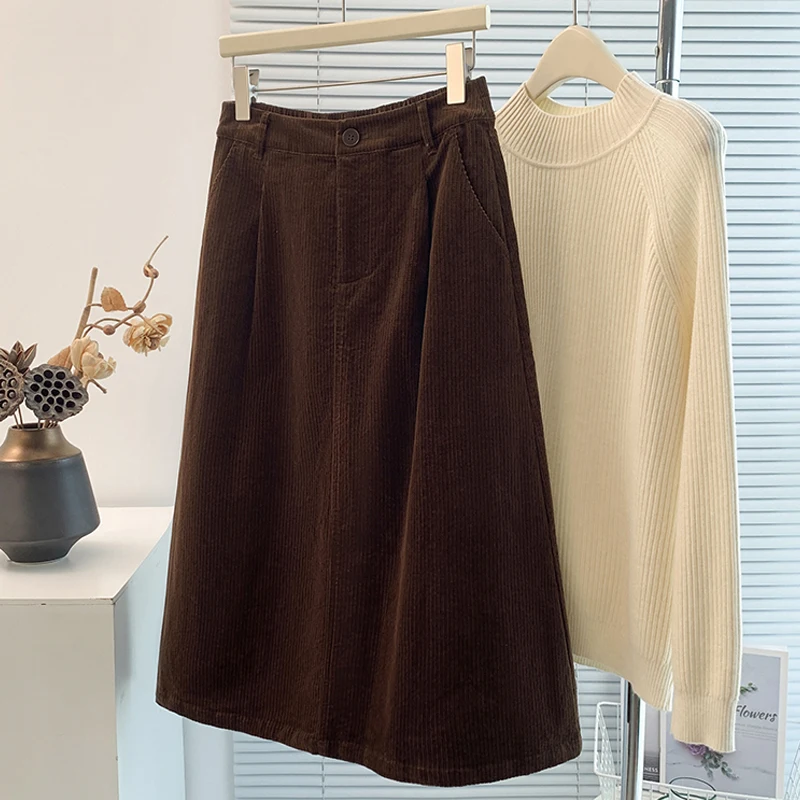 Gonna a trapezio in velluto a coste retrò caramello Gonna lunga in cotone elastico in vita con bottoni in puro colore autunno inverno da donna