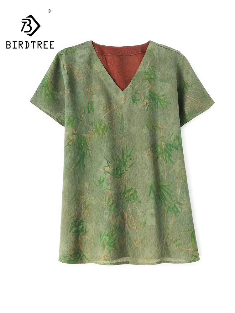 BirdTree-30MM Silk Watered Gauze Elegant T-Shirt, Short Sleeve Bamboo Leaf, Women Casual Retro Loose Top, 2026 Autumn T69030CC