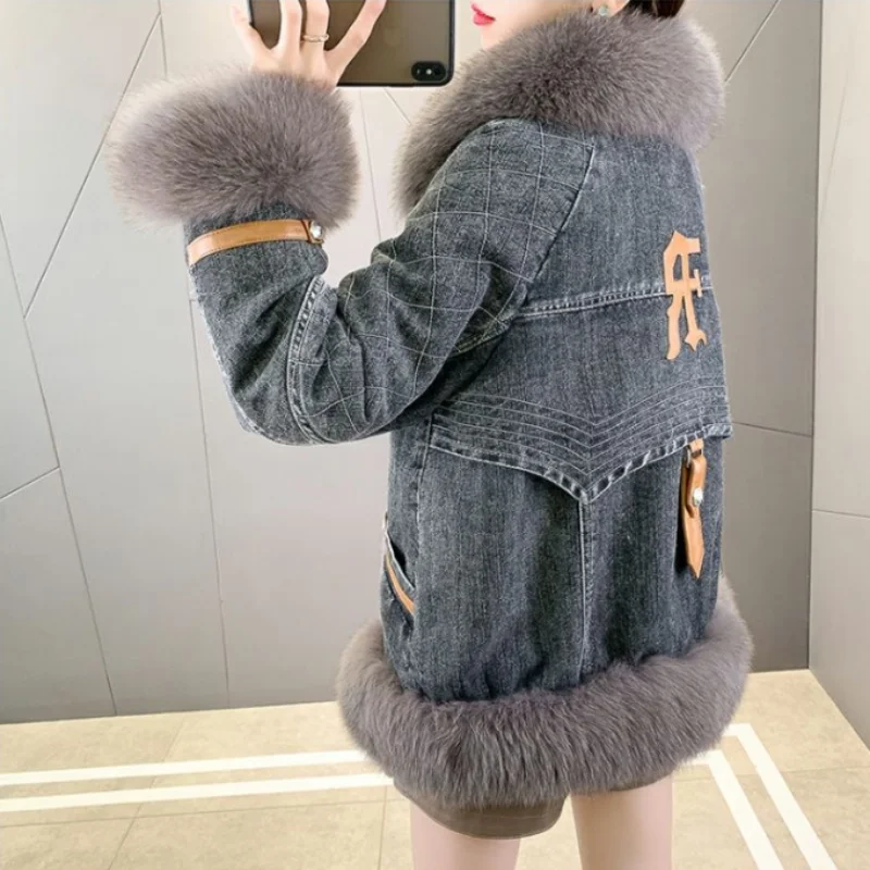 Fried Street Jeans Jackets Women Overcoat 2023 Winter New Long Edition Goose Down Jacket Big Fox Fur Collar Warm Fur Parker Coat