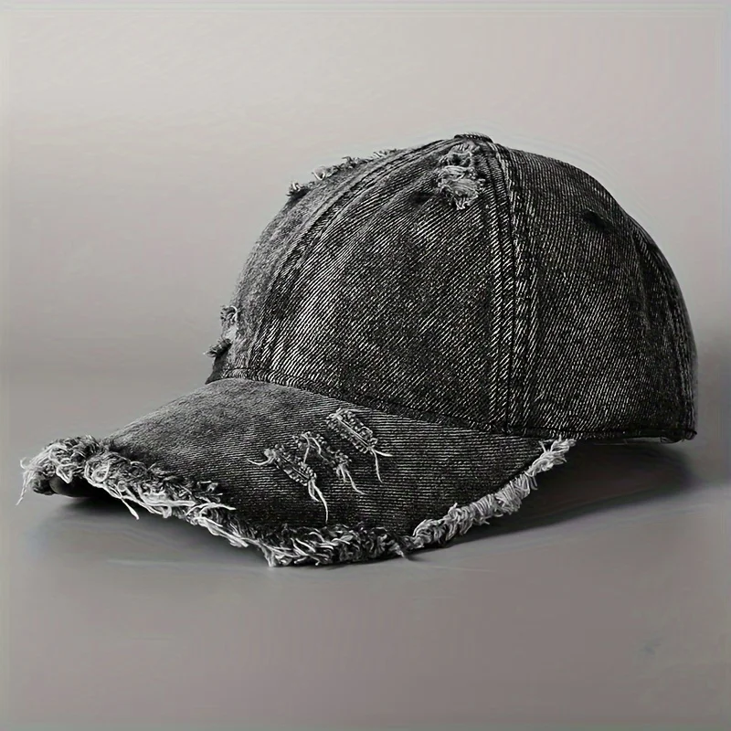 1 worn-out washed grey denim baseball cap with a seasonal large head, sun shading, vintage duckbill hat, casual hat