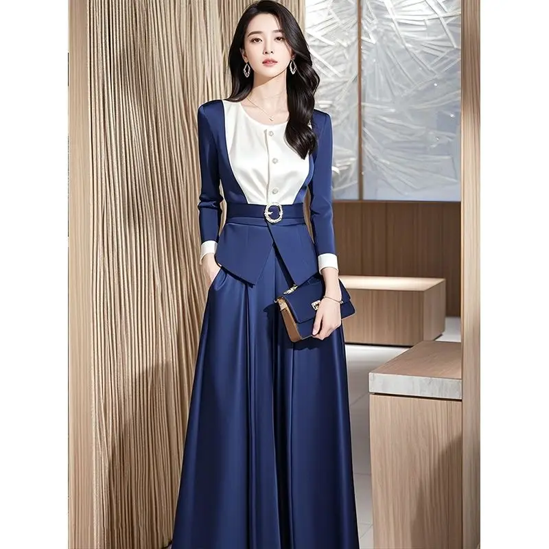 أوائل الخريف Faion 2024 Ele سيدة الأزرق الأعلى بنطال ذو قصة أرجل واسعة المهنية دعوى الراقية صغيرة Fraance Sle ملابس نسائية #2