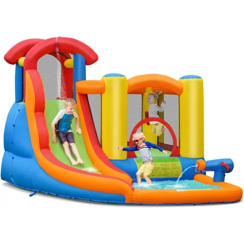 Inflatable slide, bounce house slide for Kids outdoor fun w/waterslide, splash pool, climbing wall, slides INF