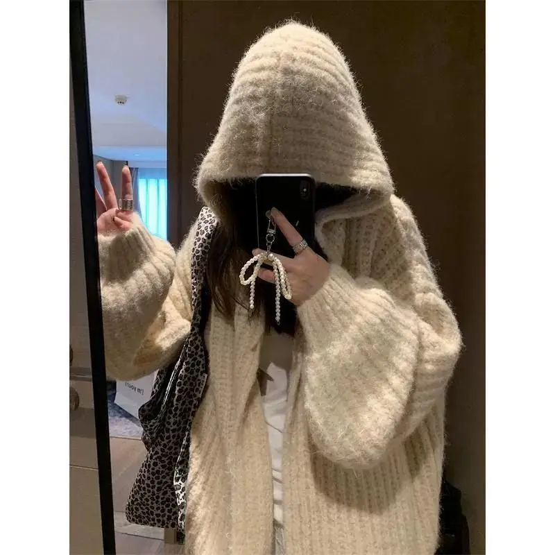 

Lazy Sweater Hooded Jacket In Autumn And Winter New Korean Loose Knitted Cardigan Mid-Length Thickened