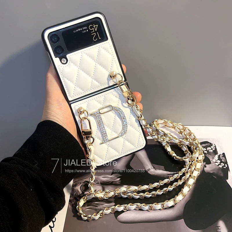 Luksusowe skórzane etui na telefon w kształcie rombu do Samsung Galaxy Z Flip 3 4 5 Rhinestone D Z Flip 6 Cover — zdjęcie 5