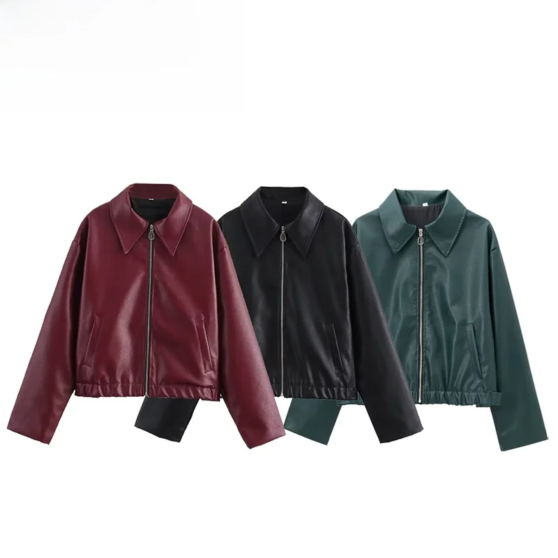 ZAB Autunno delle nuove donne Faionable Casual Sle Long Sve Stand Colletto in pelle Jaet Street Sle Cappotto in fibra di poliestere