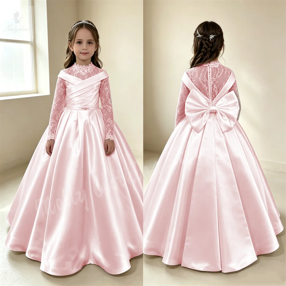 Pink Satin Girl Flowers Dress High Neck Lace Full Sleeves A Line Birthday Wedding Party Dress Holy CommunioKid Customize