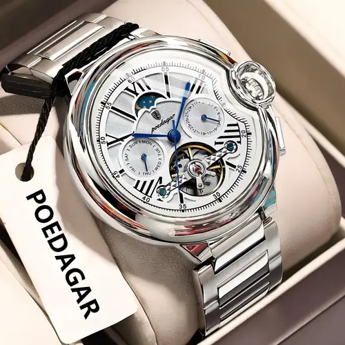 Imagen 2 del producto POEDAGAR, reloj de negocios de lujo para hombre, fecha, semana, Tourbillon de acero inoxidable, reloj para hombre, relojes mecánicos automáticos impermeables para hombre