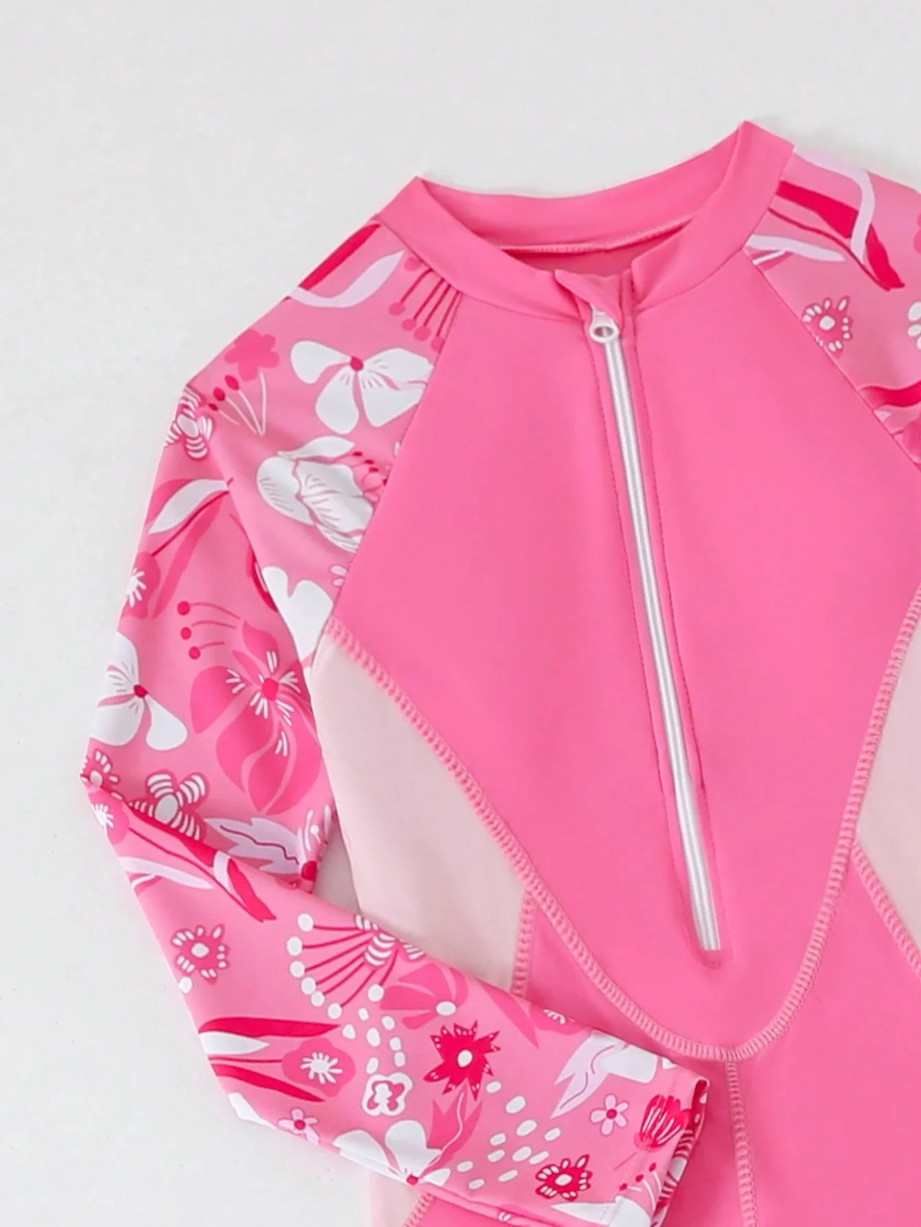 Pink Floral Print Front Zipper Long Sleeve Full Coverage Swimsuit For Women