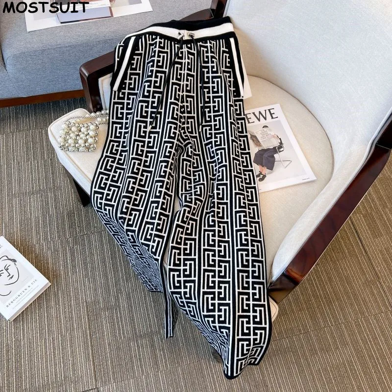 Vintage Jacquard Knit Pants For Women High Elastic Waist Drawstring Wide-leg Trousers Loose Fashion Ladies Straight Pants 2024