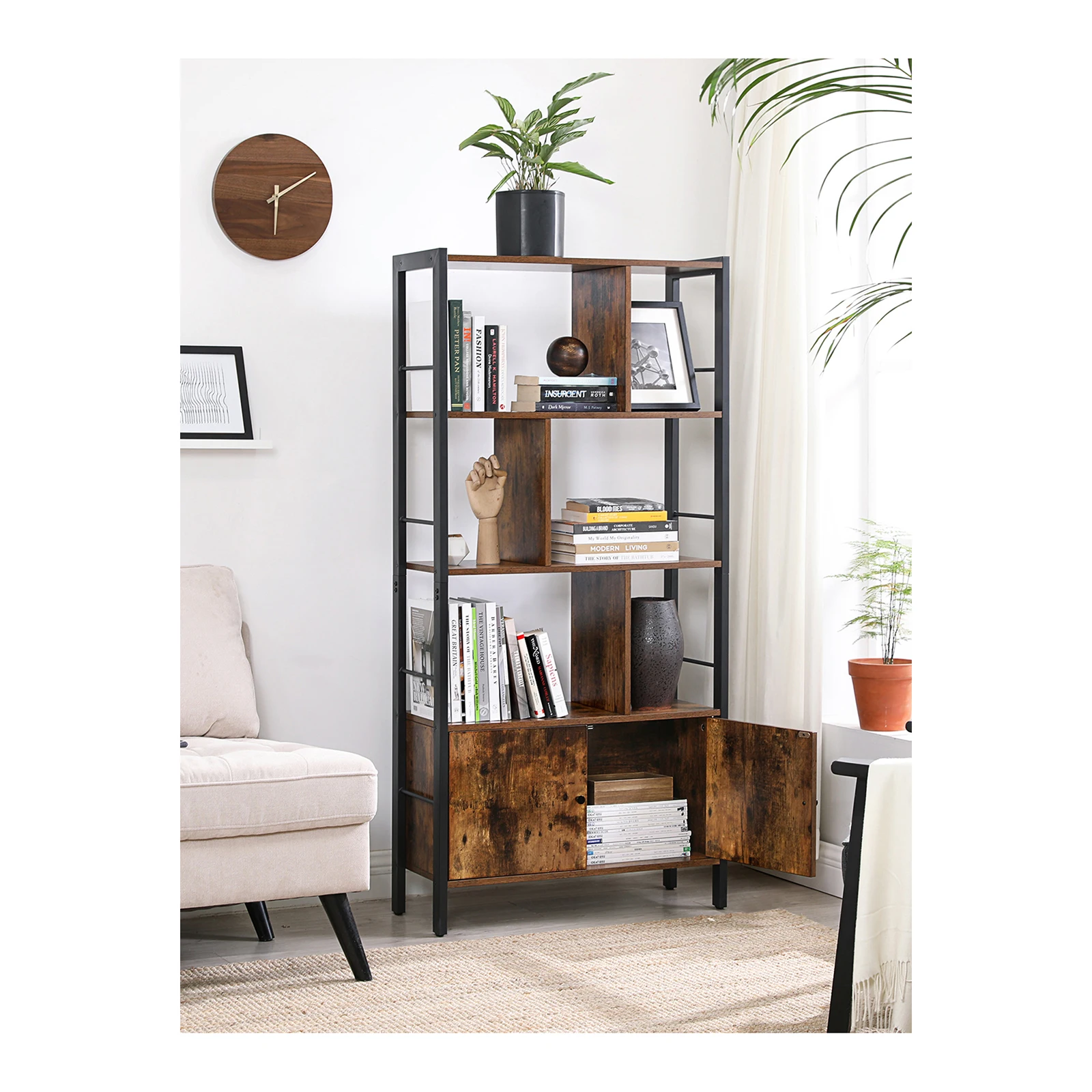 VASAGLE Large Bookshelf with Doors, 4 Shelves, Stable Steel Structure, Industrial Style, Living Room, Office