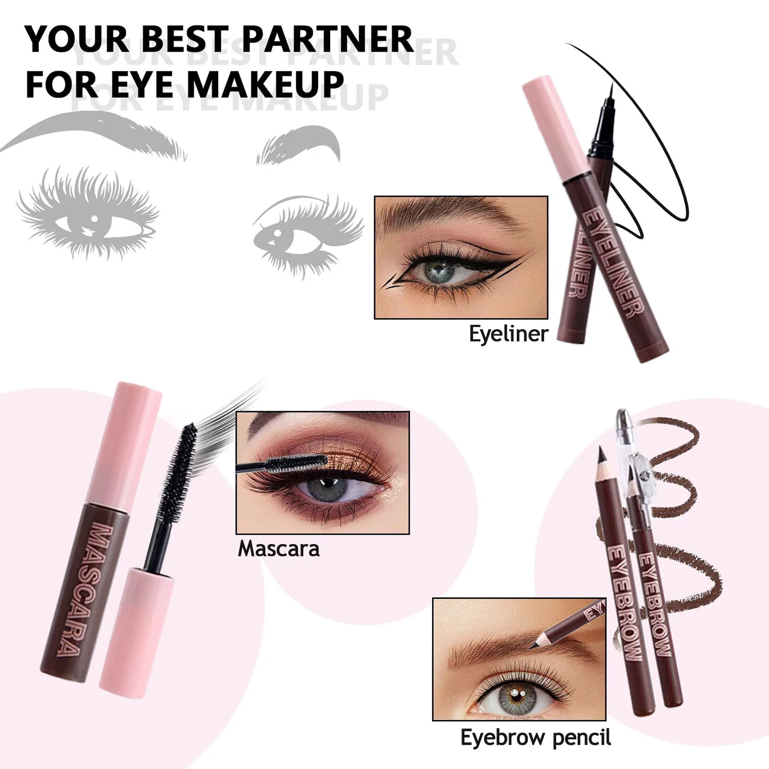 Set trucco da nove pezzi, fondotinta correttore leggero, fard impermeabile, rossetto color pop, eyeliner, matita per sopracciglia, mascara