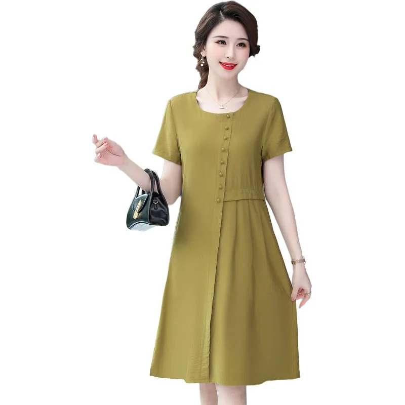 

New Summer Dress Women Casual Solid Color crew neck loose button Midi Dress For Woman Holiday Vintage Dresses