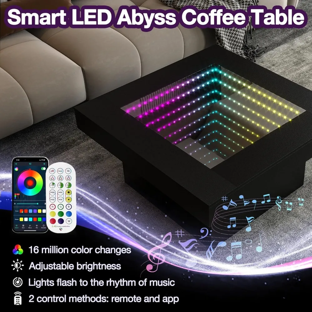 طاولات القهوة الحديثة باللون الأسود من FKWin - طاولة قهوة مربعة بمرآة عمق لا نهاية له مع أضواء LED، طاولة سوداء لغرفة المعيشة، مزاج #4