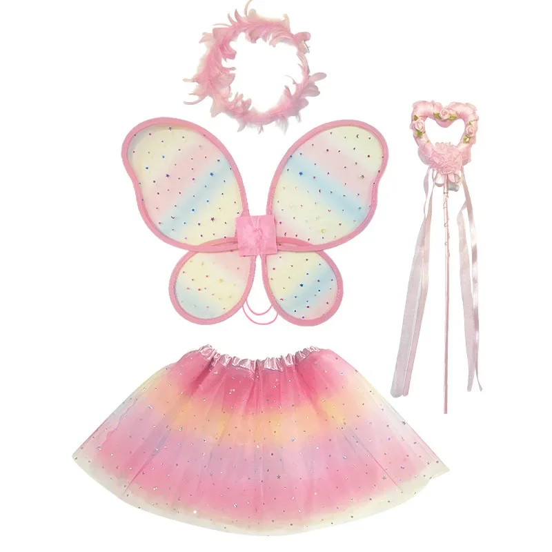 Adult Kids 4Pcs Simulation Butterfly Wings Pointed Tutu Skirt Headband Wand Princess Fairy Costume Set Girls Party Dress Up
