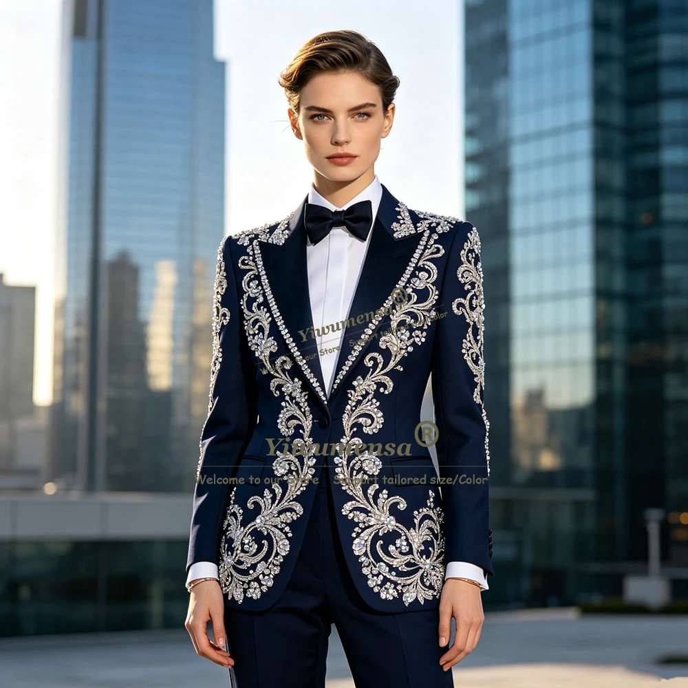 Luxury Diamond Beaded Suits Women Slim Fit Single Breasted Jacket Pants 2 Piece Sets Bride Mother Dress Customized Lady Clothing