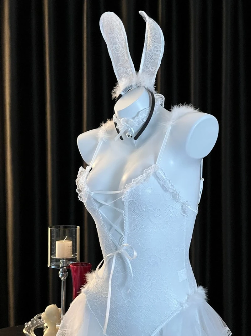 بدلة قفز للفتيات على شكل أرنب شفاف من الدانتيل، زي QQNY جذاب ومثير، ملابس داخلية مثيرة من قطعة واحدة مغرية للرغبة النقية