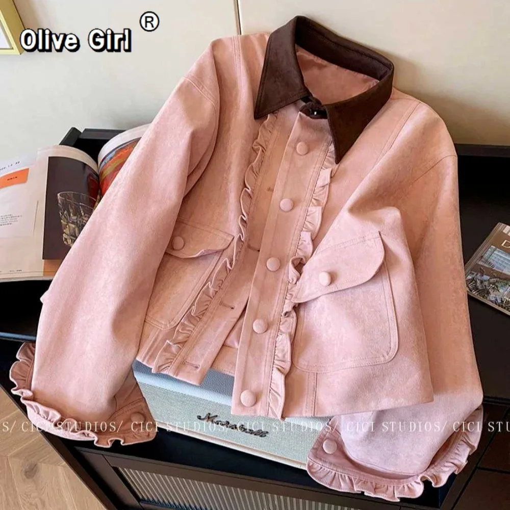 Chaqueta corta de gamuza con borde de hongo rosa Olivegirl para mujer, abrigo para chica, estilo elegante, dulce y moderno, corte ajustado, top corto de otoño 2026.