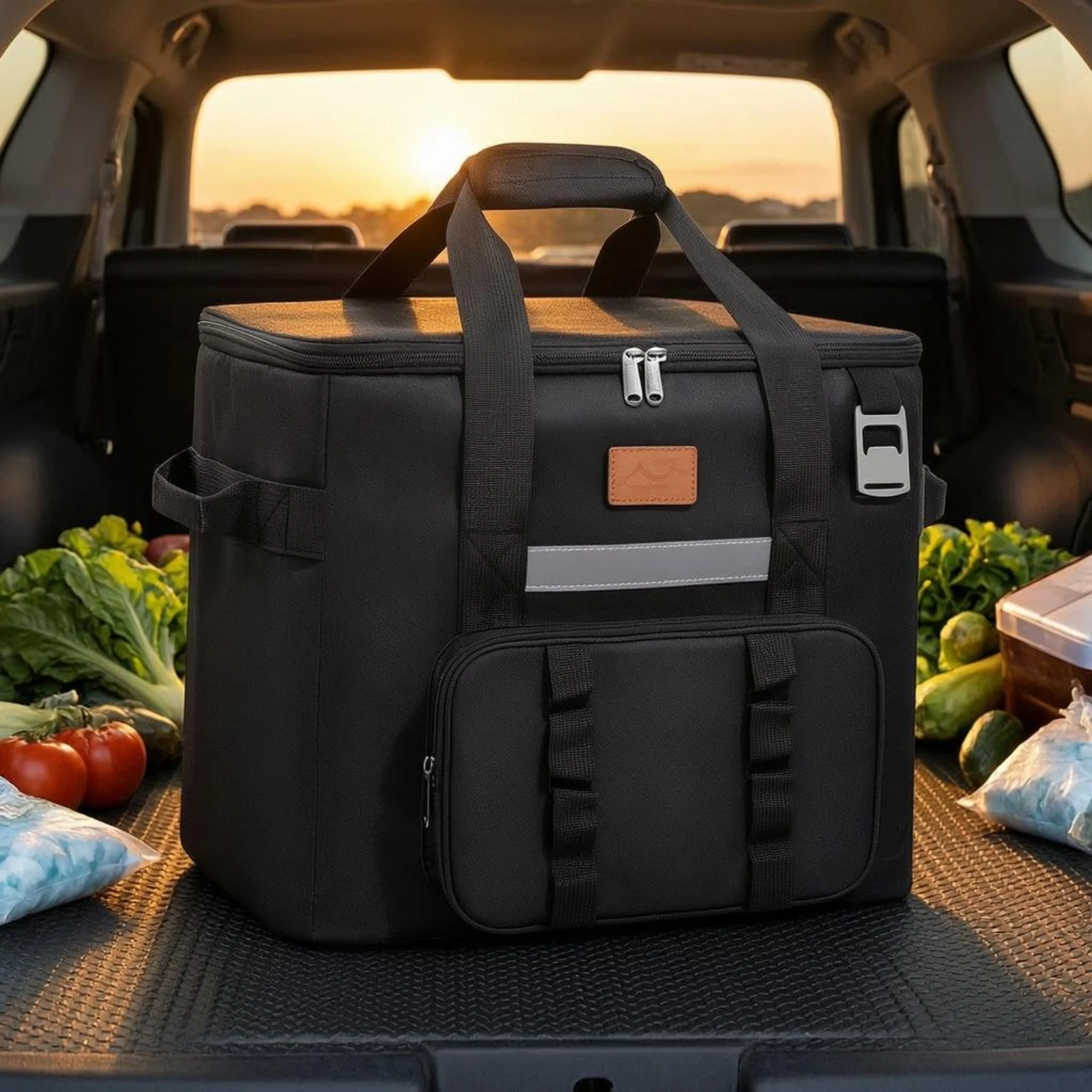 Insulated Cooler Bag Reflective Strip Rectangular Cooler Bag Food Carrier Reinforced Seams Carry Case Large Capacity for Outdoor