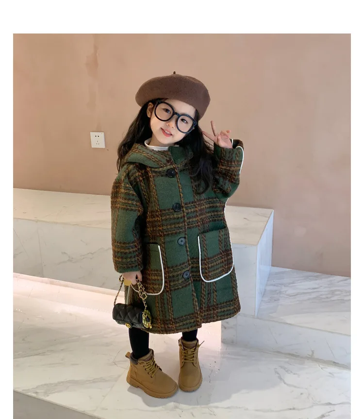 

Girls Coat 2024 Autumn and Winter New Children Fashion Woolen Coat Baby Temperament Hooded Top Korean Simple Style Clothes