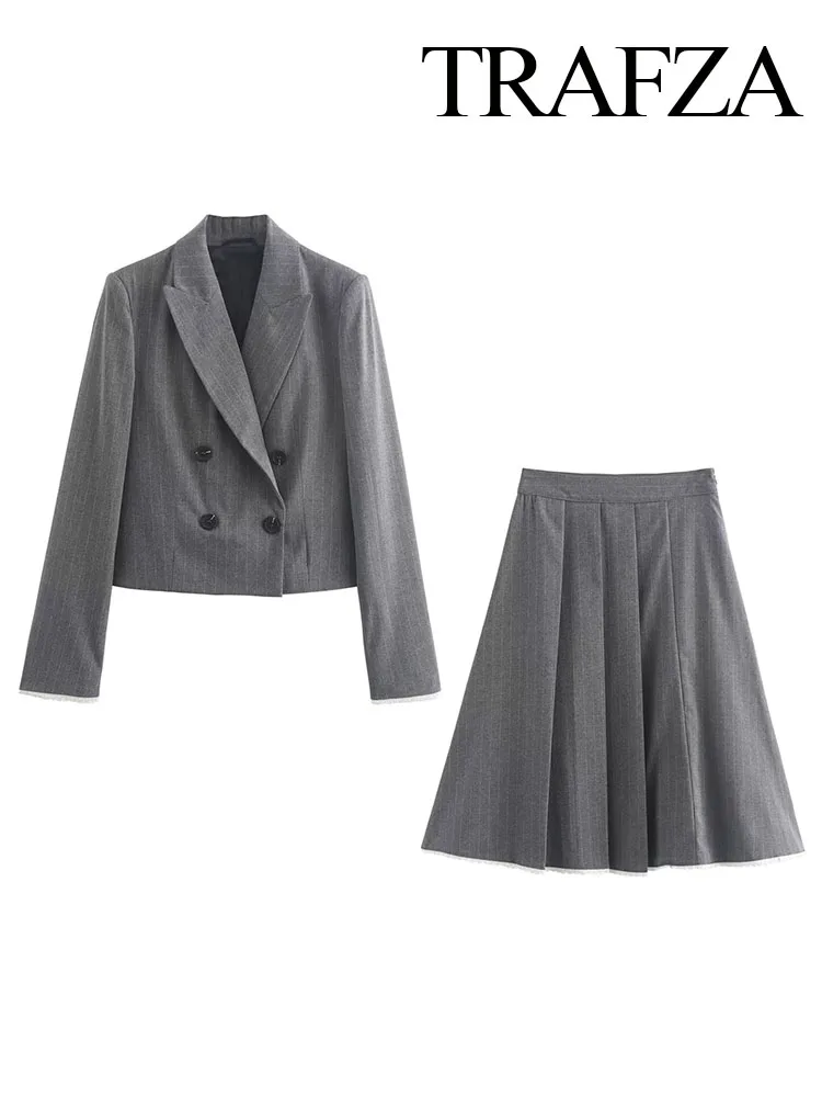 TRAFZA Winter Women Chic Pinstripe Double-Breasted Lapel Blazer + High Waist Lace Patchwork Pleated Midi Skirt 2-piece Set Mujer