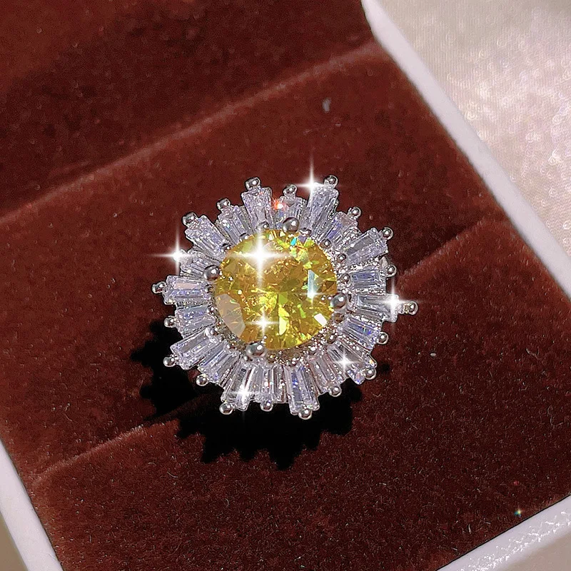 925 Silver Shiny Yellow Master Zircon Sunflower Ring Stud Necklace Set Three Piece Ladies Party Birthday Jewelry Bridal Gift