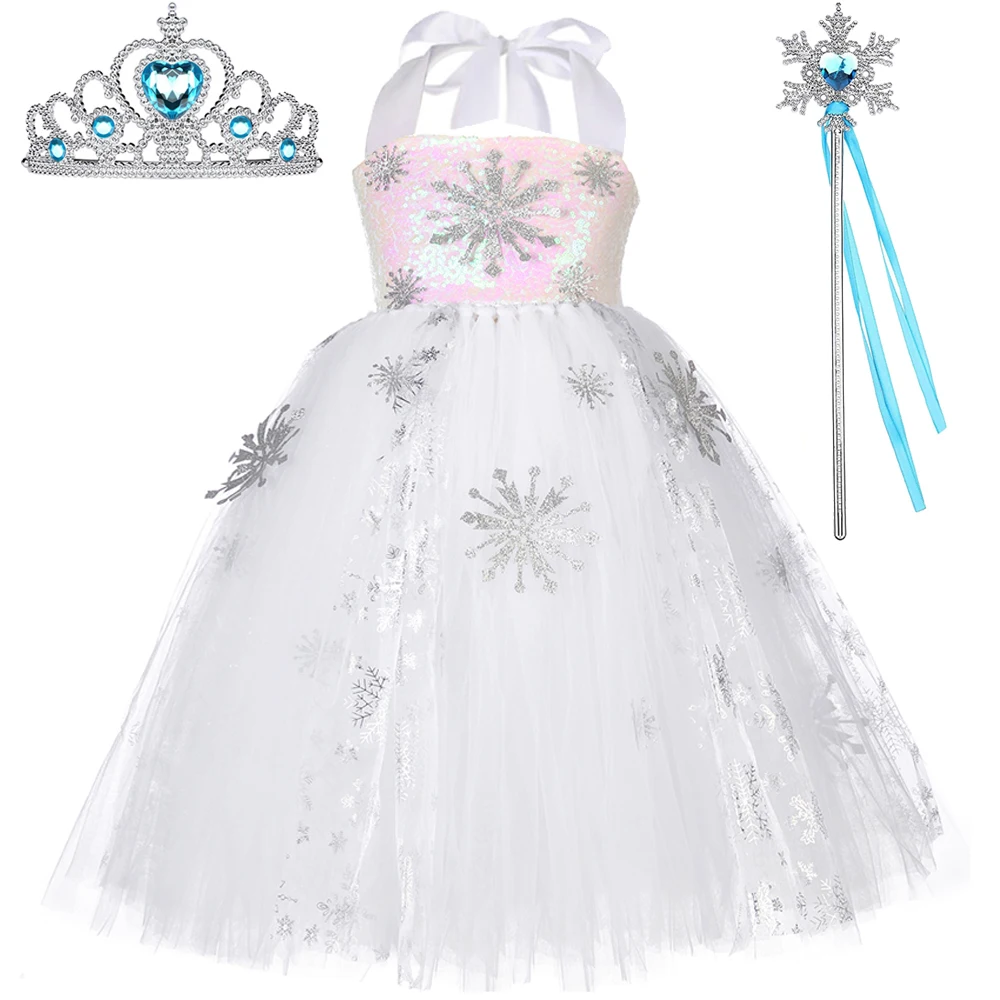 Sparkly Snowflakes Elsa Long Dress for Girls White Sequins Snow Queen Costumes for Kids Christmas Party Outfits with Crown Stick