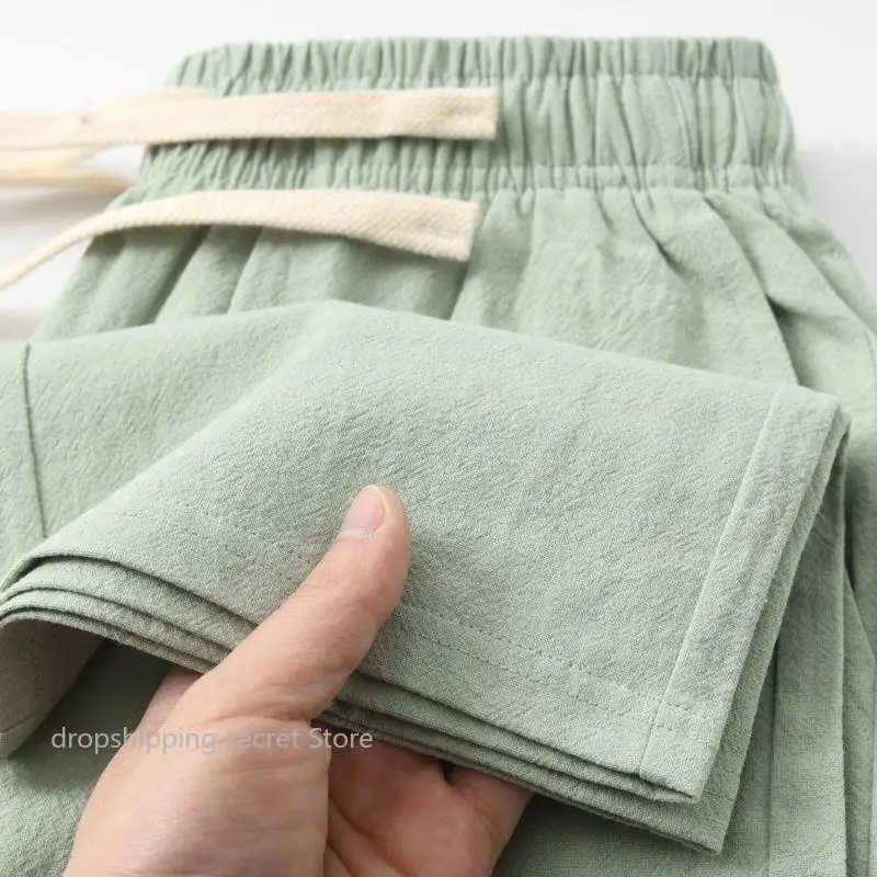 Summer Mint Green Pure Cotton and Linen Sports Pants for Men Women Loose and Casual Straight Leg Sweatpants for Autumn