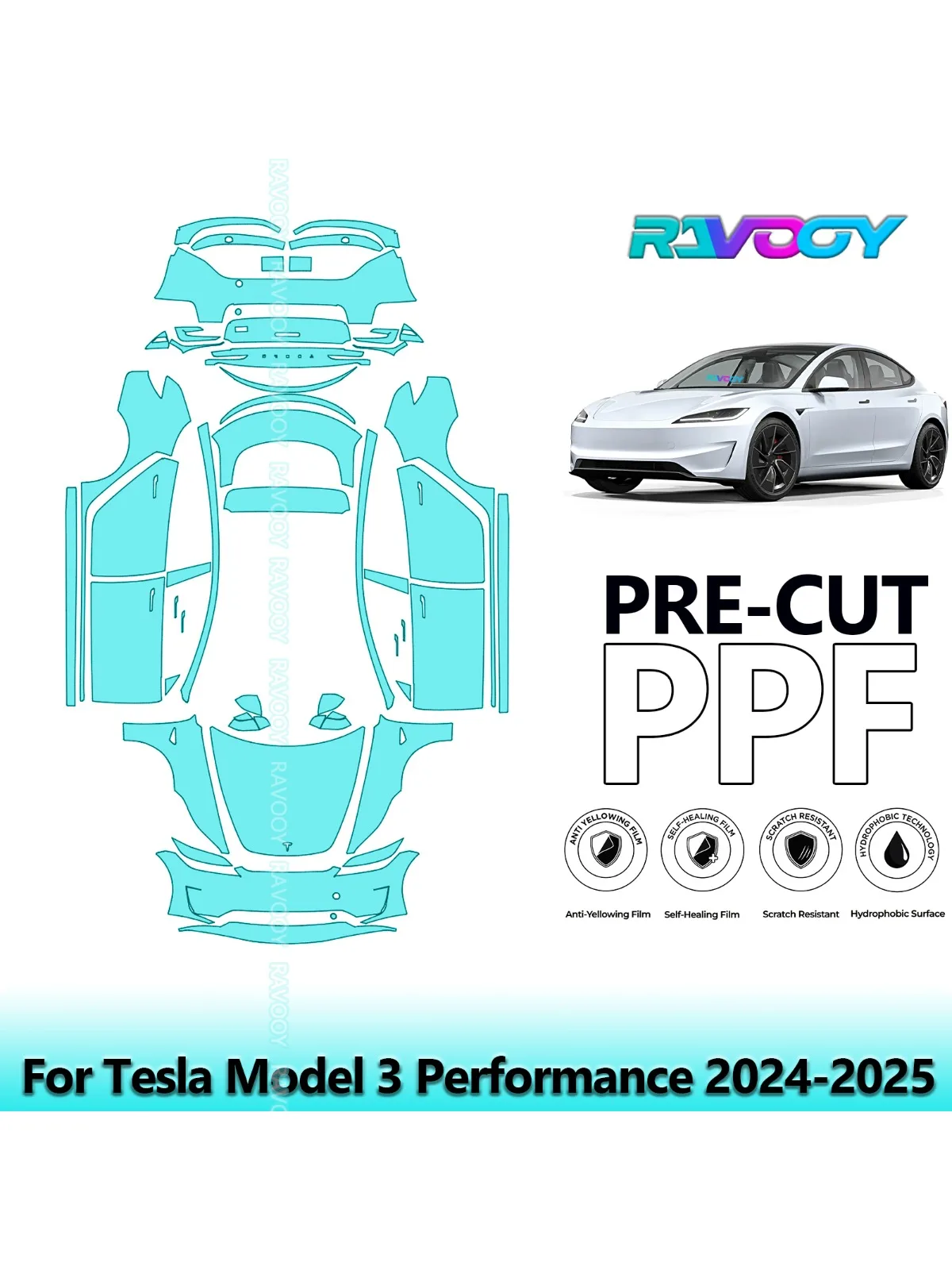 Voor Tesla Model 3 Prestaties 2024-2025 Voorgesneden Verfbeschermingsfilm Volledig voertuig Antikras Exterieur TPU PPF Heldere koplampen - afbeelding 2