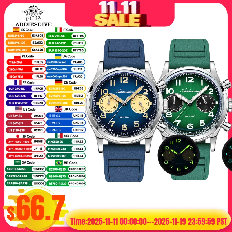 ADDIESDIVE ขายร้อนนาฬิกาสำหรับชาย VK64 โครโนกราฟ 10 บาร์กันน้ำ AD2516 ซุปเปอร์ลูมินัส บับเบิ้ลกระจกแก้วควอตซ์นาฬิกา