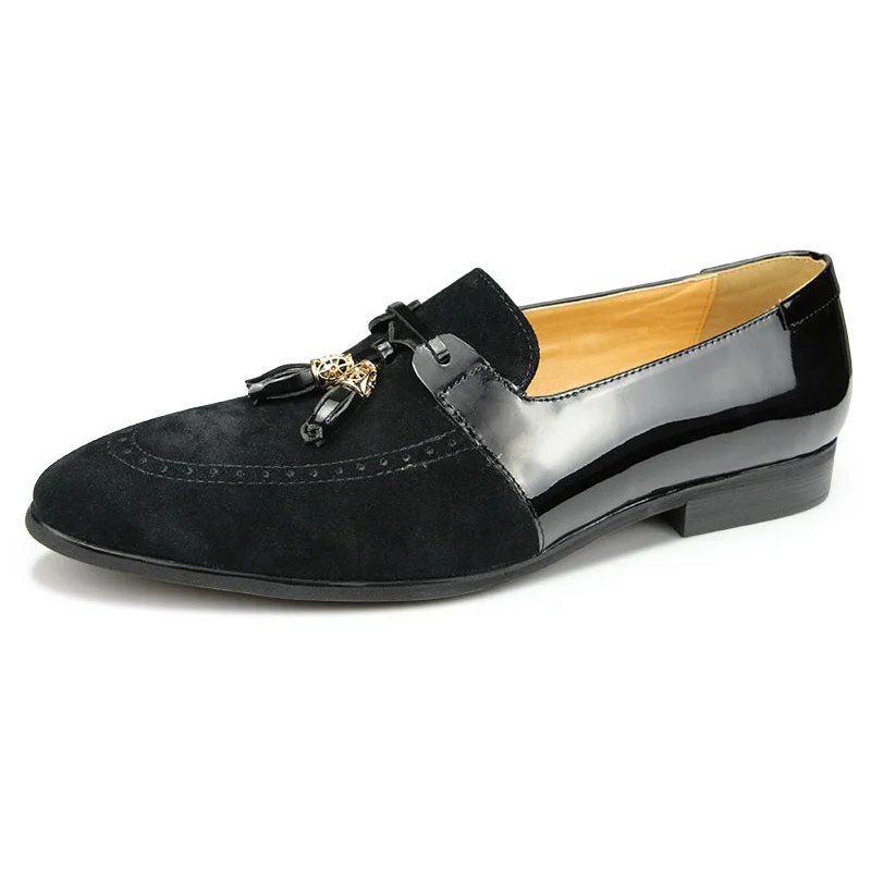 

Handmade Men Office Shoes Casual Fashion Loafers Tassel Cow Suede Patchwork Patent Leather Black Breathable Man's Dress Shoe