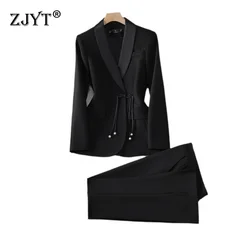 ZJYT Elegant Office Lady Formal Blazer Suits Pant Sets 2 Pieces Womens Outfit Plus Size Long Sleeve Jacket Trousers Work Wear