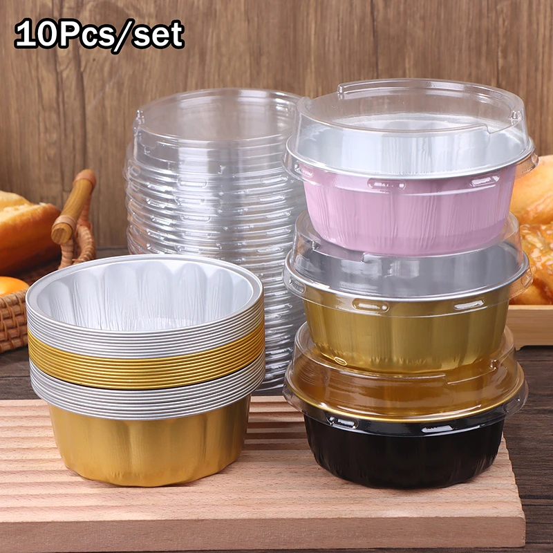 10Set Aluminum Foil Cake Container 250ml Cake Pans Liners With Lids Heat-Resistant Foil Baking Cups Cake Pan Kitchen Tool