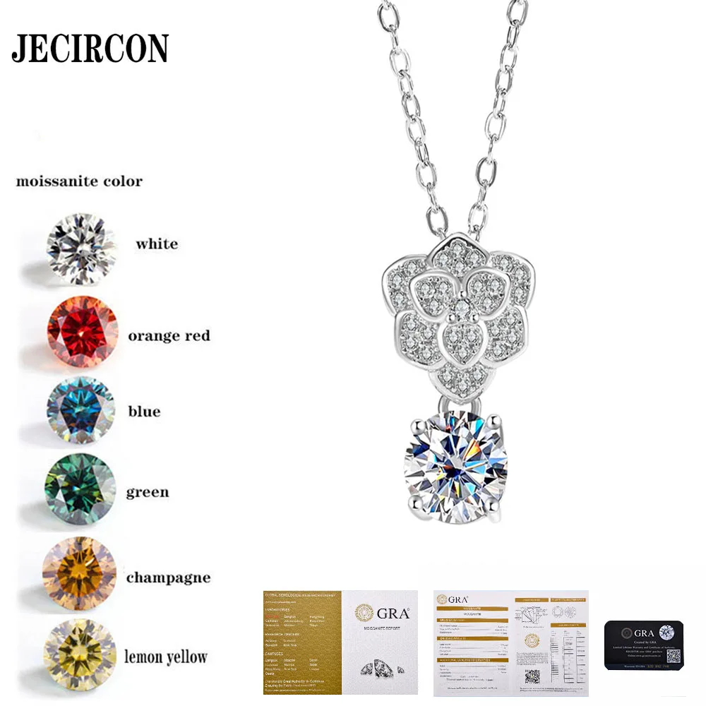 JECIRCON S925 Sterling Silver Moissanite Necklace 1 Carat Rose Pendant Seiko Quality Simulated Diamond Fashion Clavicle Chain