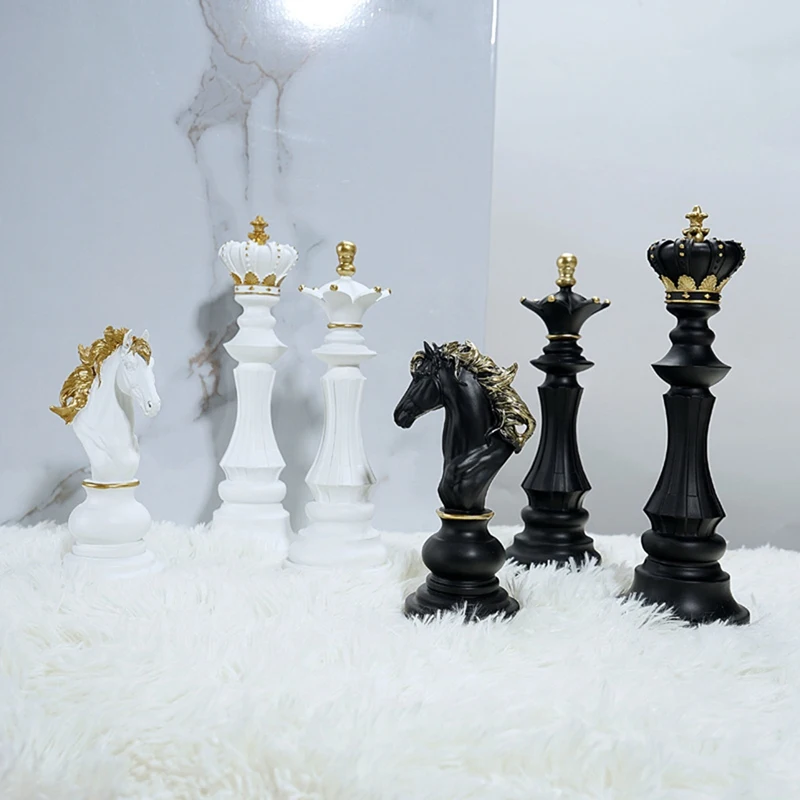 3Piece Office Figurines Queen Knight Statue Collection Object Sculptural Models Of Chess Pieces Resin