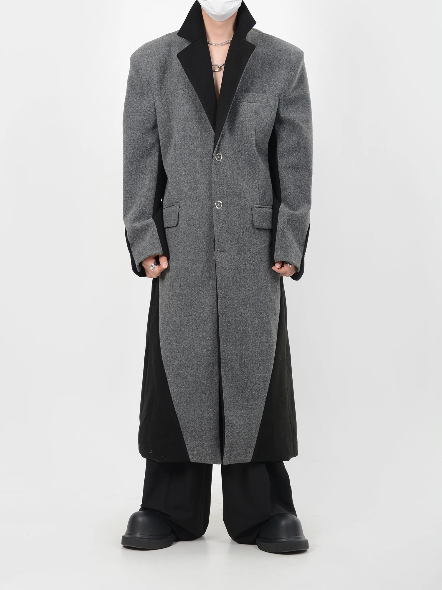 Deconstructed Color Contrast Splicing Long over-the-knee Woolen Overcoat Solid Shoulder Pad Trench Coat