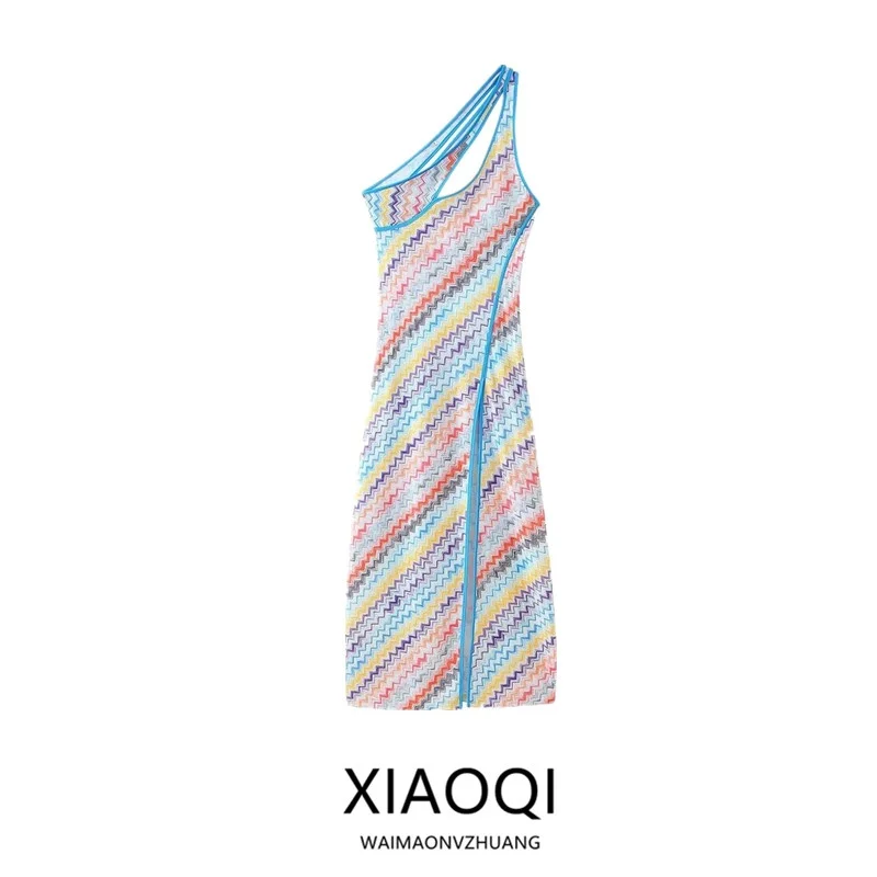 2025 Autumn New Women's Long Printed Dr Slanted Collar Hollow out Design Casual Sle No Sve Other Material 00%