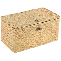 Handmade Straw Woven Storage Basket With Lid Makeup Organizer Storage Box Seagrass Laundry Baskets Rattan Jewelry Box