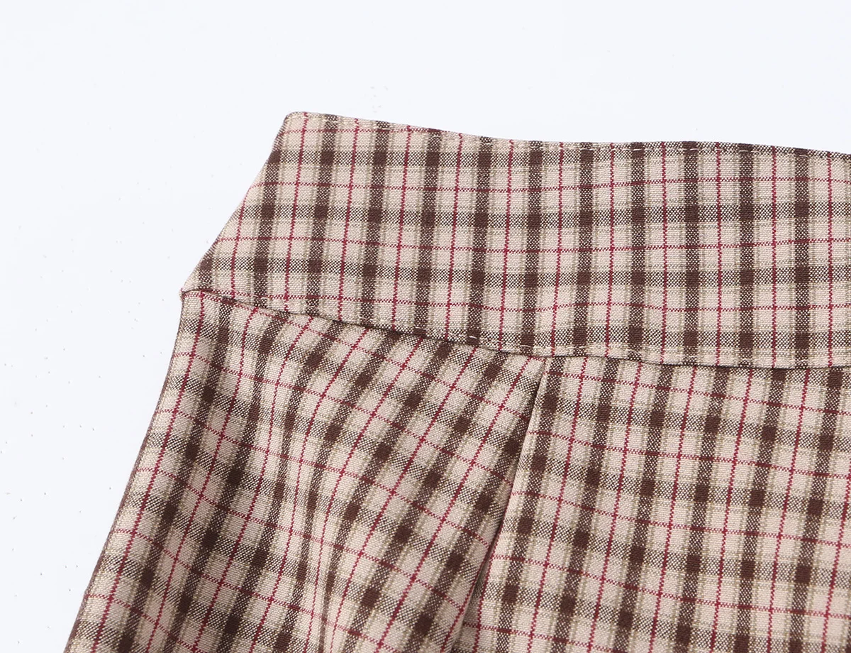 KONDALA Schickes Damen-Herbst-Freizeit-Karomuster-Anzug-Set, schmales Kurzarmhemd + gerade lange Hose mit Reißverschluss, modisch 2026, Vintage-Büro-Set – Detail 16
