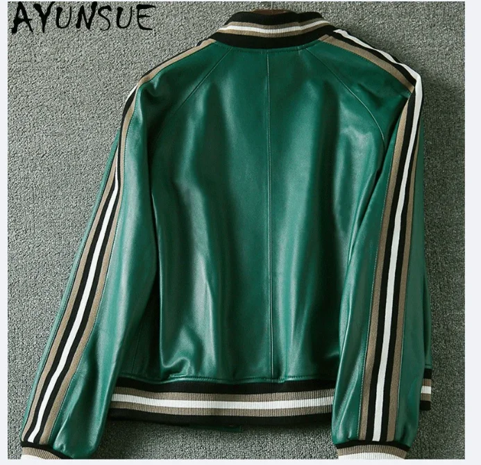 AYUNSUE シープスキン本革ジャケットシングルブレストレディースコートカジュアルベースボールジャケット新 0uterwears Jaqueta De Couro
