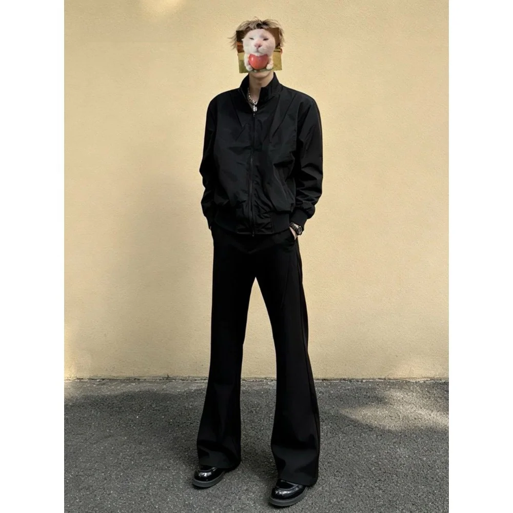 Loose Straight Leg Jeans Men's Black Bell Bottoms Slimming Long Leg Effect High Street Pleated Simple Design Casual Trousers